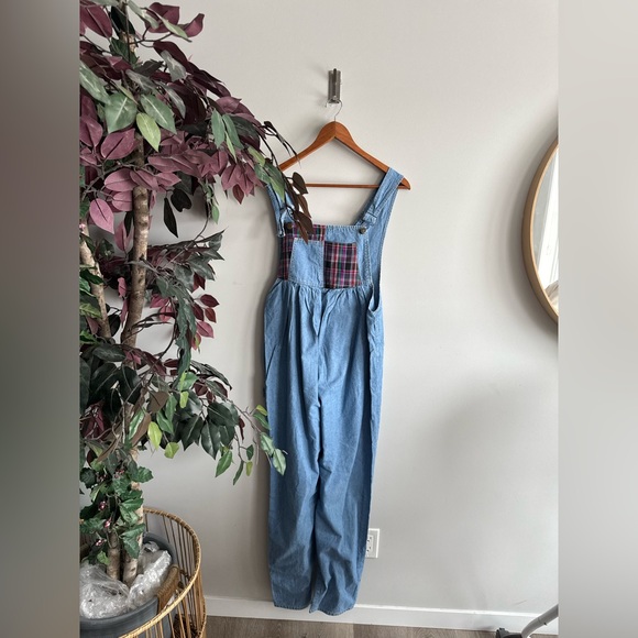 Vintage Blue Denim Jumpsuit with Plaid Bib - Picture 2 of 4